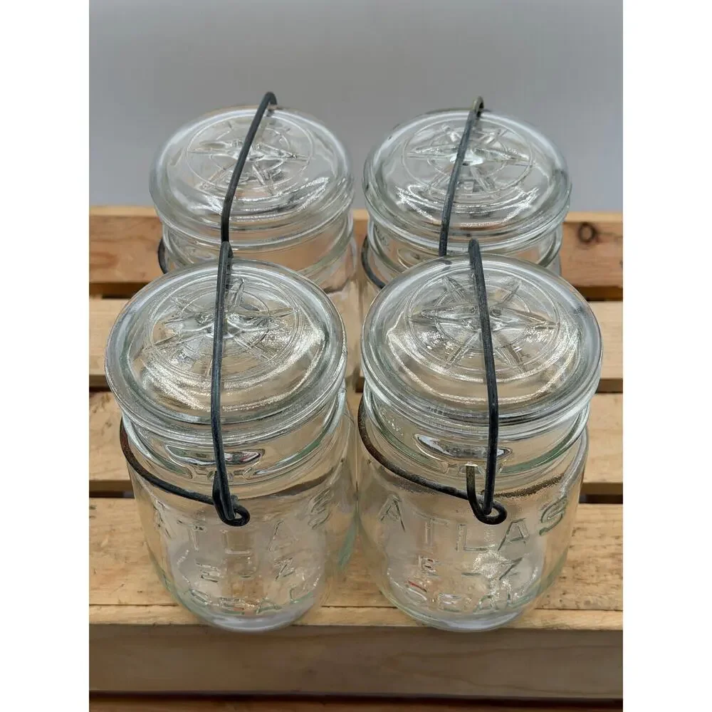 Vintage Atlas E-Z Seal Pint Mason Jars with Glass Lids and Wire Bails (Set of 4)
